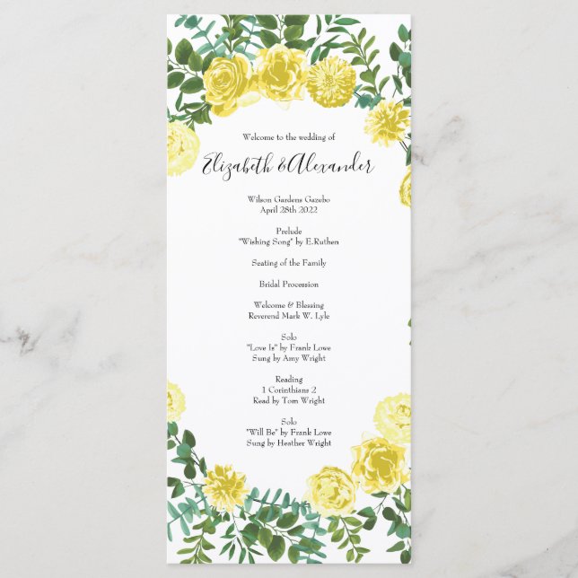 Light Yellow Peony & Rose Floral Wedding Programs (Front)