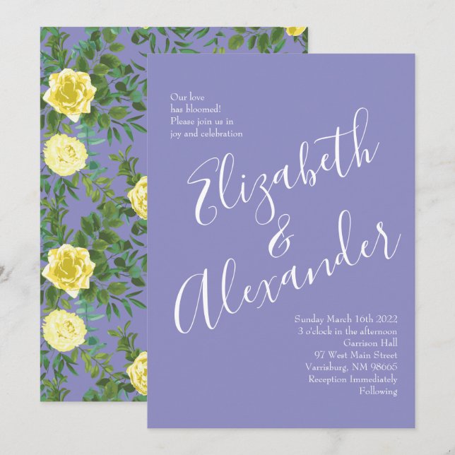 Light Yellow & Periwinkle Blue Rose Floral Wedding Invitation (Front/Back)