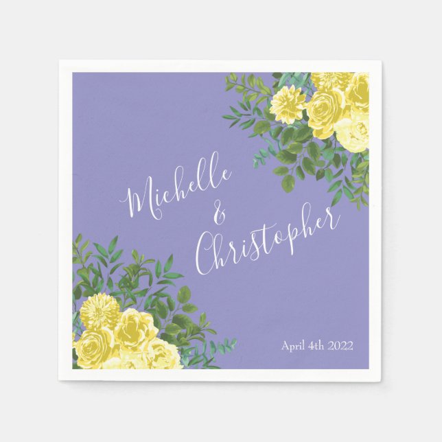 Light Yellow & Periwinkle Blue Rose Floral Wedding Napkin (Front)