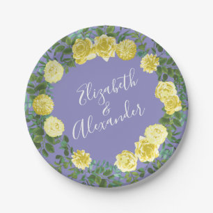 Light Yellow Periwinkle Blue Rose Floral Wedding Paper Plate