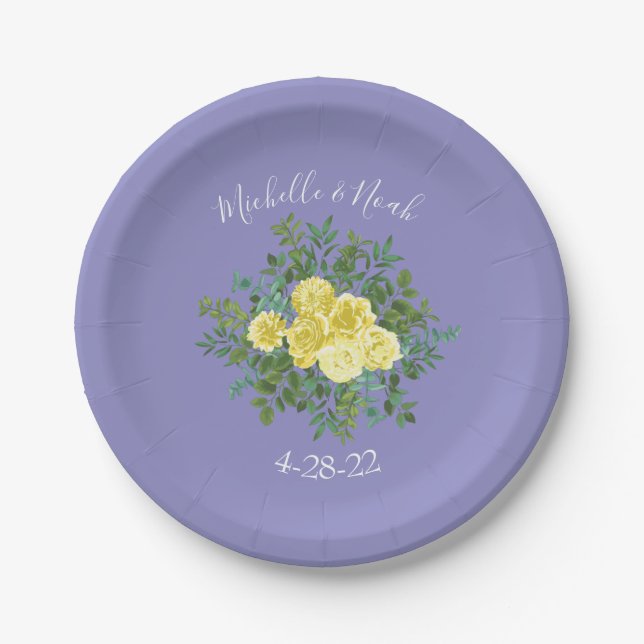 Light Yellow Periwinkle Blue Rose Floral Wedding Paper Plate (Front)