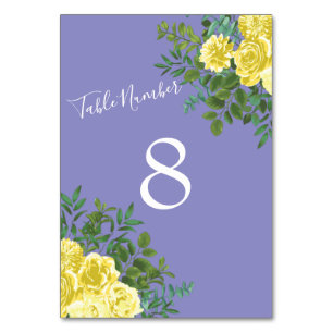 Light Yellow & Periwinkle Blue Rose Floral Wedding Table Number