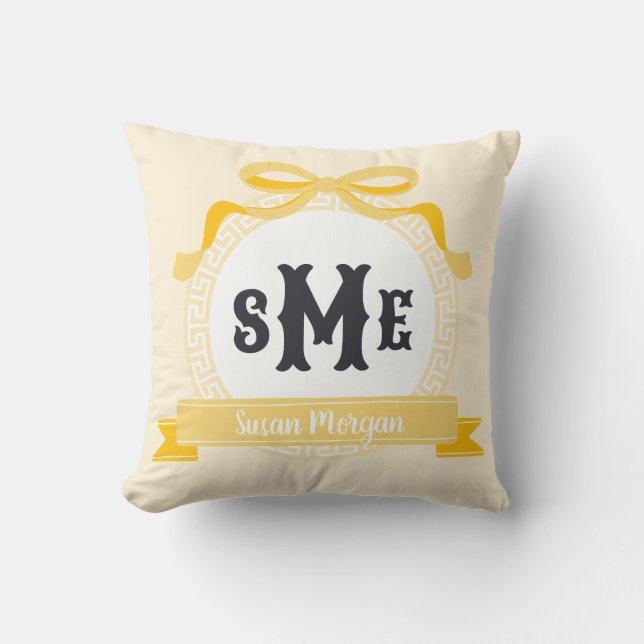 Light Yellow Reverse Greek Key Bow Monogram Throw Pillow (Front)