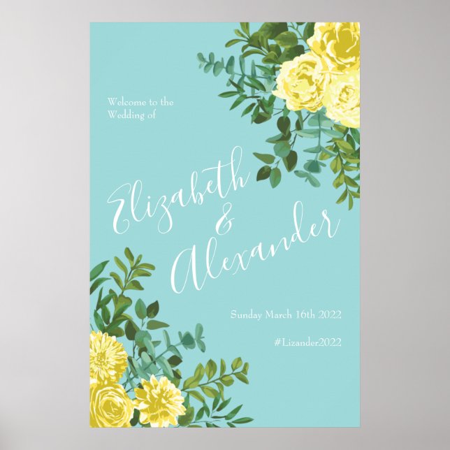 Light Yellow & Teal Aqua Rose Floral Wedding Poster (Front)
