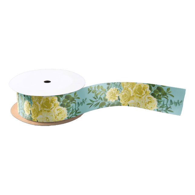 Light Yellow & Teal Aqua Rose Floral Wedding Satin Ribbon (Spool)