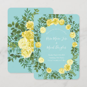 Light Yellow & Teal Aqua Rose Wedding Save Date Invitation