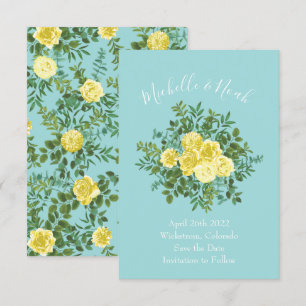 Light Yellow & Teal Aqua Rose Wedding Save Date Invitation