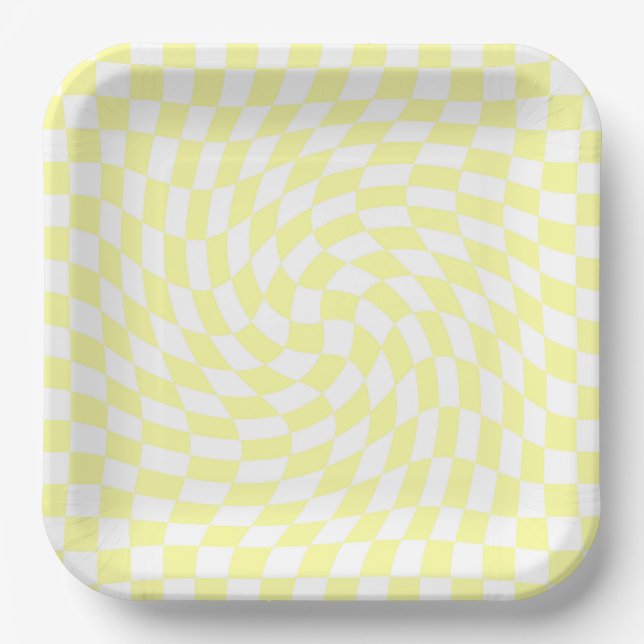 Light Yellow & White Checks Chequered Pattern Paper Plate (Front)