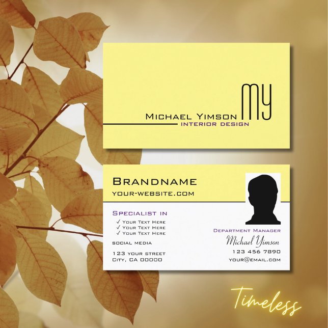Light Yellow White Simple with Monogram and Photo Business Card (Creator Uploaded)