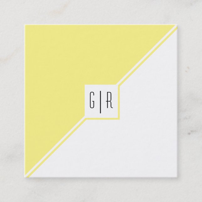 Light yellow, white triangles and monogram modern square business card (Front)