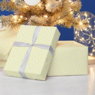 Light Yellow & White Warped Checkered Pattern  Wrapping Paper