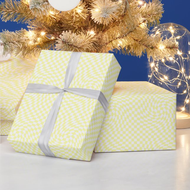 Light Yellow & White Warped Chequered Pattern  Wrapping Paper (Holidays)