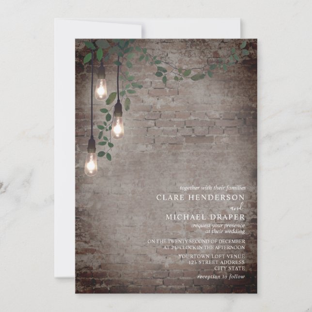 Lightbulb Botanical Garland Industrial Brick Invitation (Front)