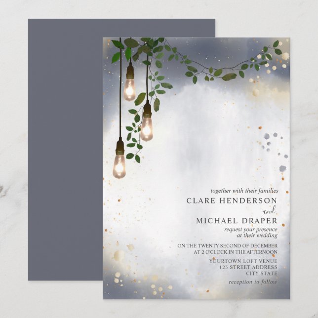Lightbulb Greenery Garland Watercolor Wedding Invitation (Front/Back)