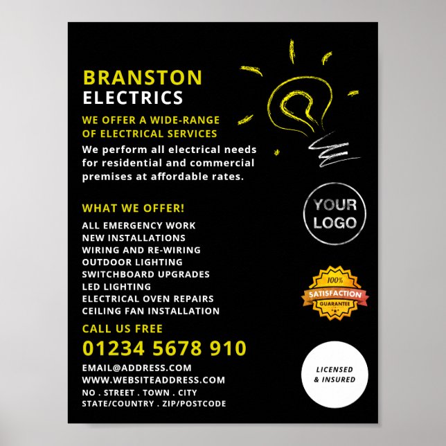 Lightbulb Sketch Design, Electrician Advertising Poster (Front)