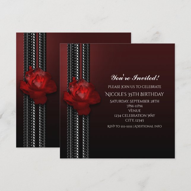 Lighted Rose & Lace Burgundy Party Invitation (Front/Back)