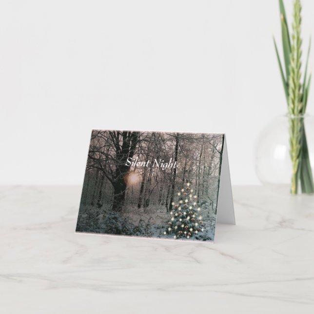 Lighted Tree in Snowy Woods Holiday Greeting Card (Front)