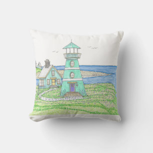 Lighthouse 5; Outdoor Pillow; Cyan Pillow