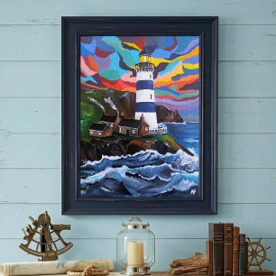 Lighthouse Above the Waves Painting by Alfred Fox Poster
