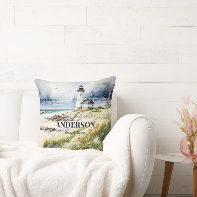 Lighthouse and Beach Scene Throw Pillow (Couch)