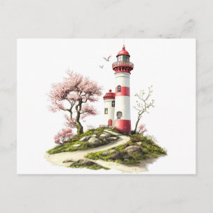 Lighthouse and Cherry Blossom Watercolor Postcard