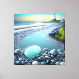Lighthouse and Colourful Pebbles at Sunrise Canvas Print