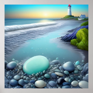Lighthouse and Colourful Pebbles at Sunrise Poster