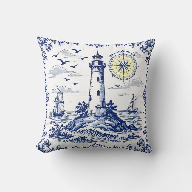 Lighthouse and Compass Throw Pillow (Front)