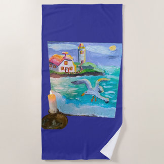 Lighthouse And Gull By Candlelight 🕯️ Beach Towel