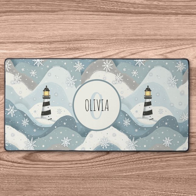 Lighthouse and Icy Waves Winter Nautical Monogram Desk Mat (Creator Uploaded)