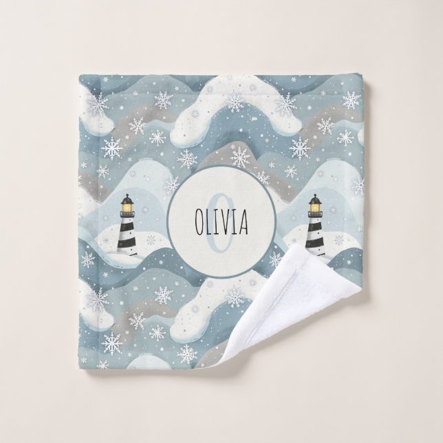 Lighthouse and Icy Waves Winter Nautical Monogram Wash Cloth (Wash Cloth)