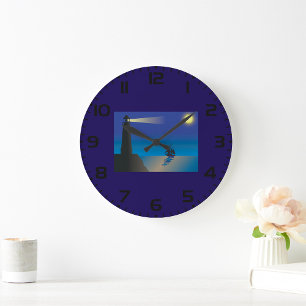 Lighthouse and Sailboat at Night Moonlit Ocean Large Clock