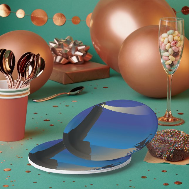 Lighthouse and Sailboat at Night Moonlit Ocean Paper Plate (Creator Uploaded)