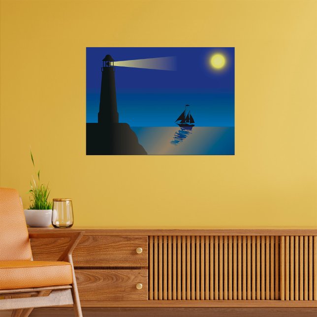 Lighthouse and Sailboat at Night Moonlit Ocean Poster (Creator Uploaded)