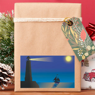 Lighthouse and Sailboat at Night Moonlit Ocean Sticker