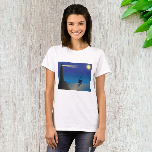 Lighthouse and Sailboat at Night Moonlit Ocean T-Shirt (Creator Uploaded)