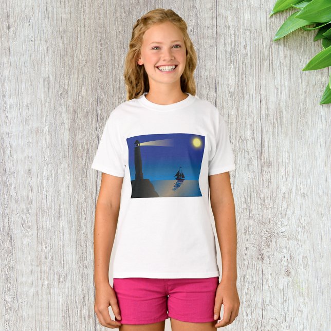Lighthouse and Sailboat at Night Moonlit Ocean T-Shirt (Creator Uploaded)
