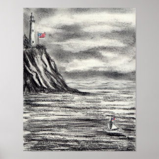 Lighthouse and Sailboat charcoal drawing Poster