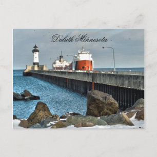 Lighthouse and Ship, Duluth Minnesota Postcard