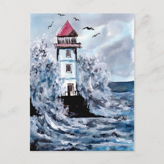 Lighthouse and Storm Watercolor Postcard (Front)