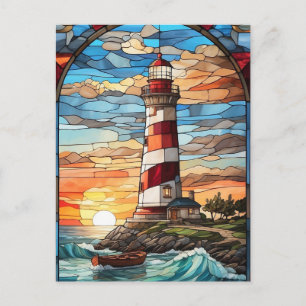 Lighthouse and Sunset Stained Glass Illustration Postcard