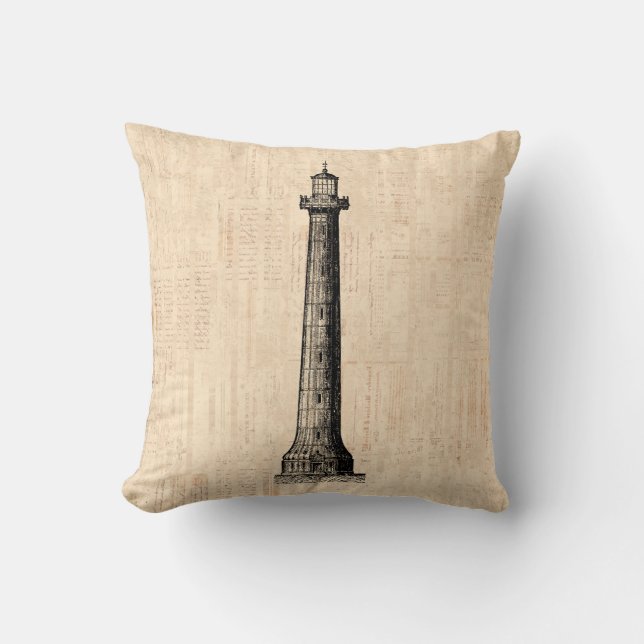 Lighthouse Art Illustrated Nautical Themed Throw Pillow (Front)