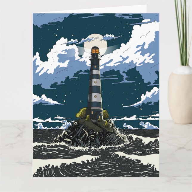Lighthouse At Night Card (Front)
