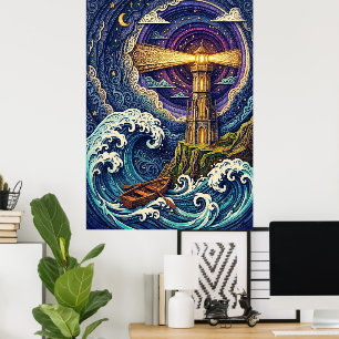 lighthouse at night with waves poster