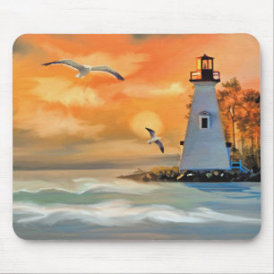 Lighthouse at Ocean Sunset and Seagulls Mouse Pad
