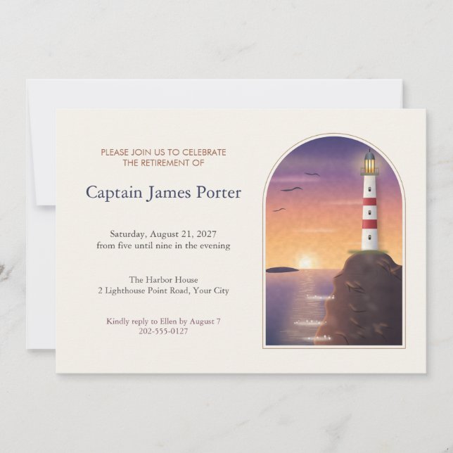 Lighthouse at Sunset Arched Retirement Invite (Front)