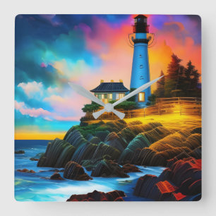 Lighthouse at Sunset Square Wall Clock