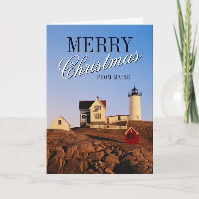 Lighthouse at Sunset with Christmas Decorations Holiday Card (Front)