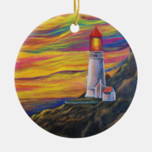 Lighthouse at Sunset with Sailboat Ocean Nautical Ceramic Ornament