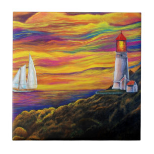 Lighthouse at Sunset with Sailboat Tile